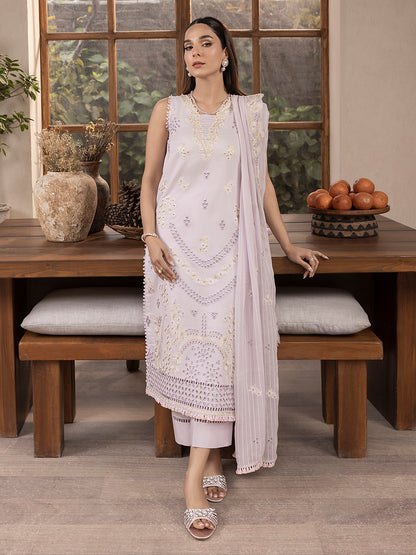 Printed lawn kurta with embroidered sleeves, chiffon dupatta, and cotton trouser