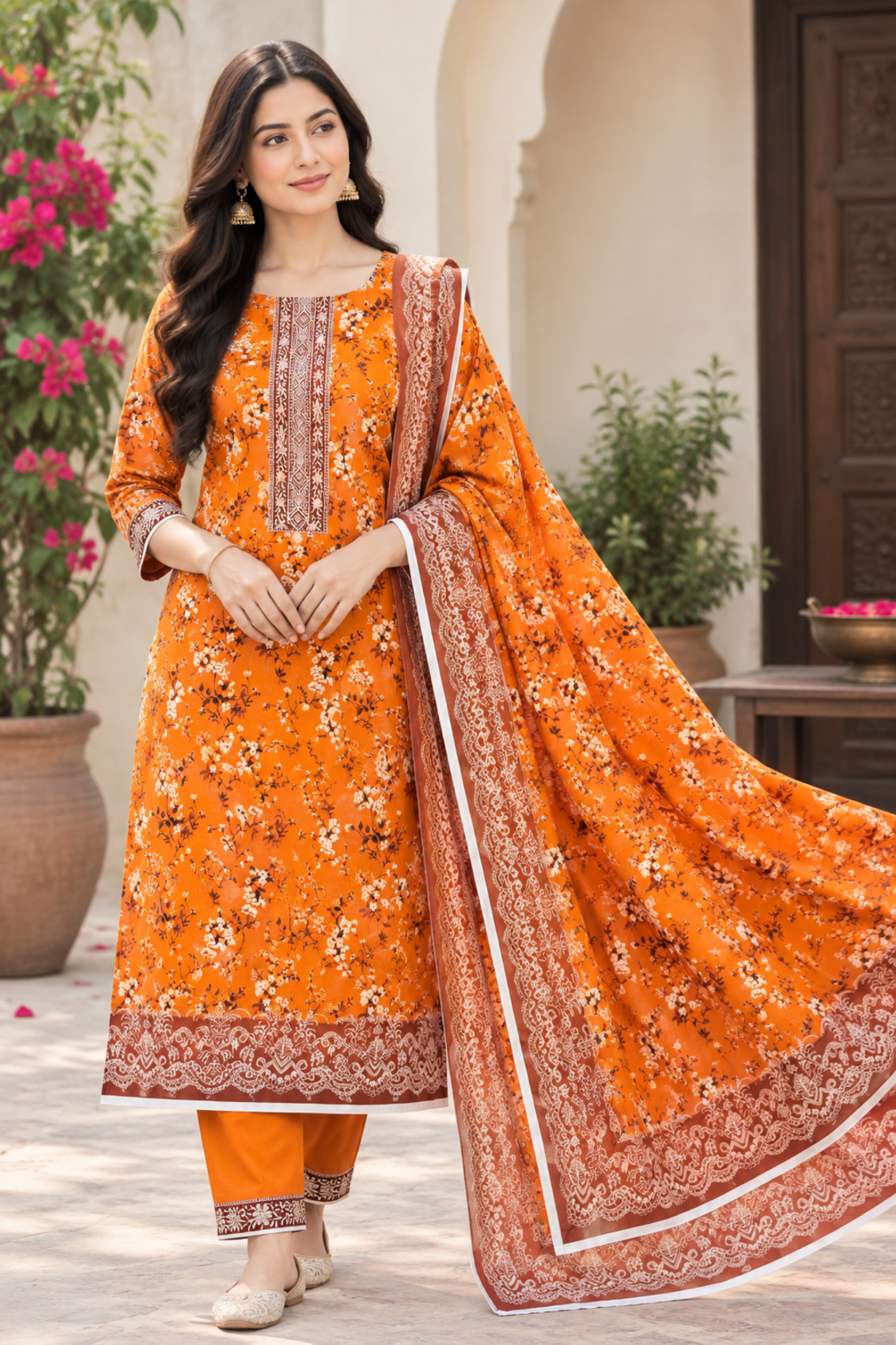 Elegant printed linen outfit with a floral shirt and beautifully bordered dupatta