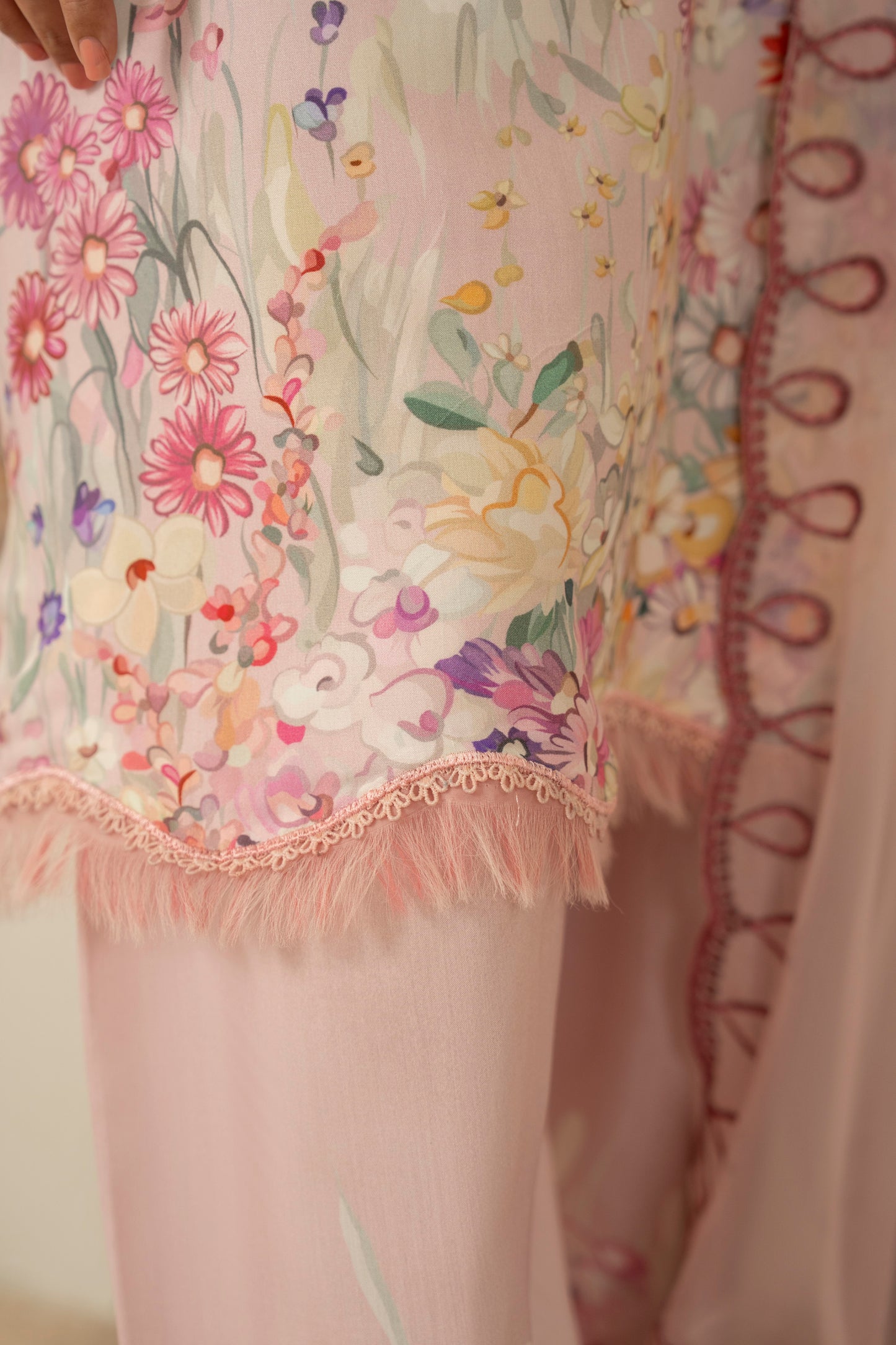 Printed viscose dress with embroidered neckline and chiffon organza dupatta