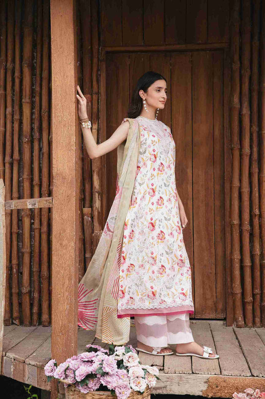  Embroidered lawn shirt styled with chiffon dupatta and plain trouser.