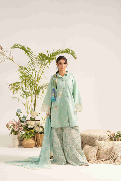 Elegant embroidered lawn shirt styled with chiffon printed dupatta and trouser.