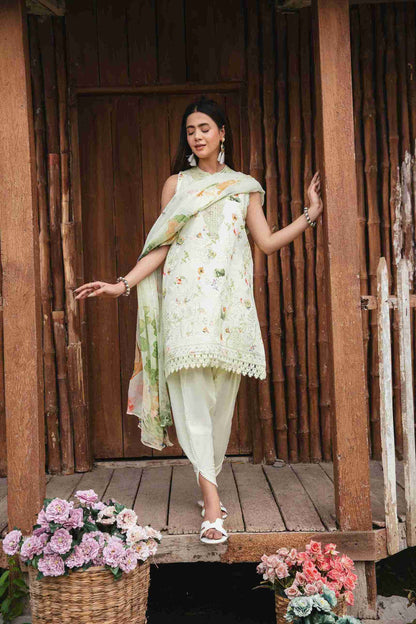 Embroidered lawn dress with chiffon dupatta and cotton plain dyed trouser.