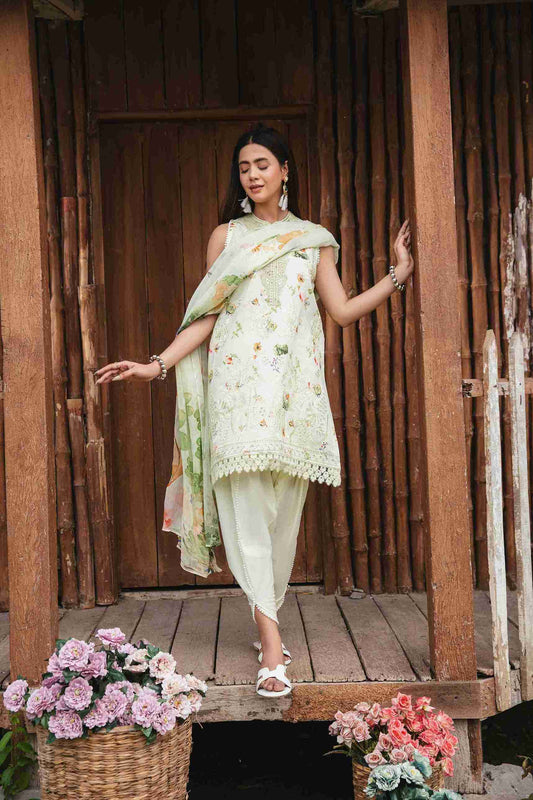 Embroidered lawn dress with chiffon dupatta and cotton plain dyed trouser.