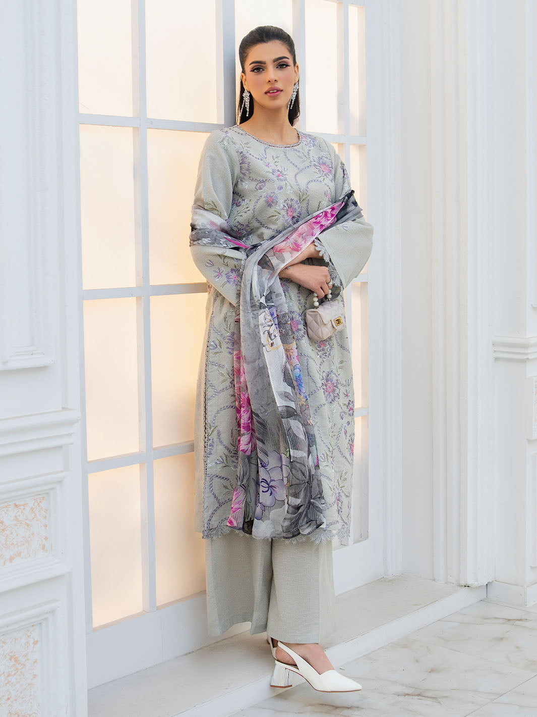 Elegant embroidered lawn shirt with chiffon dupatta and karandi trouser fabric