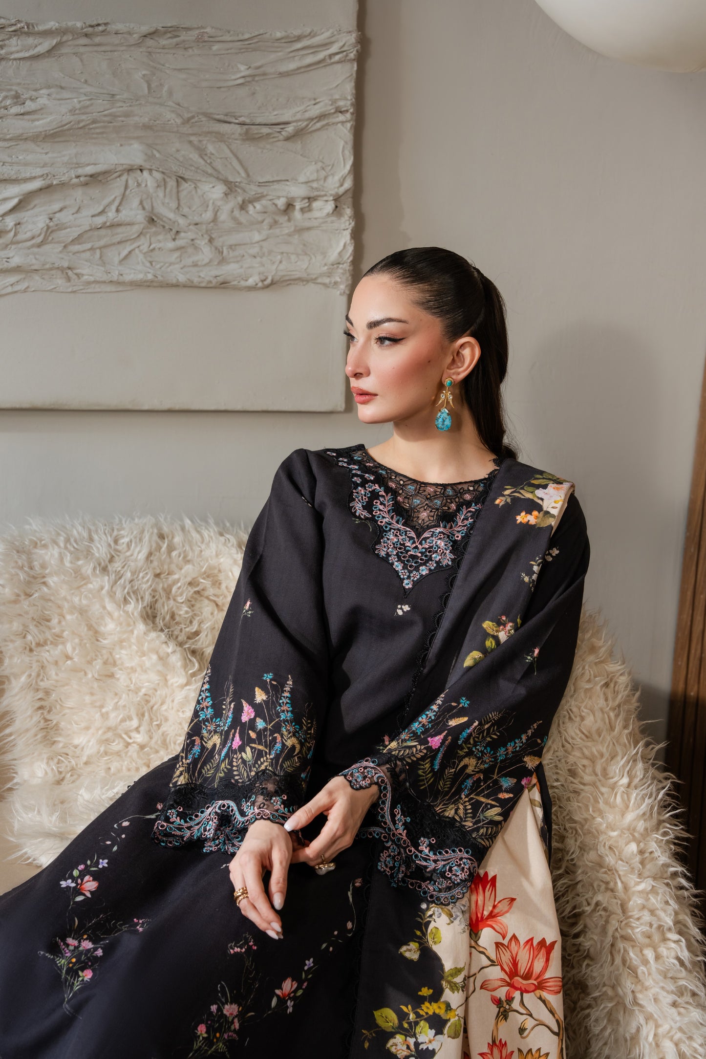 Khaddar dress with soft organza borders and neat dyed trouser.