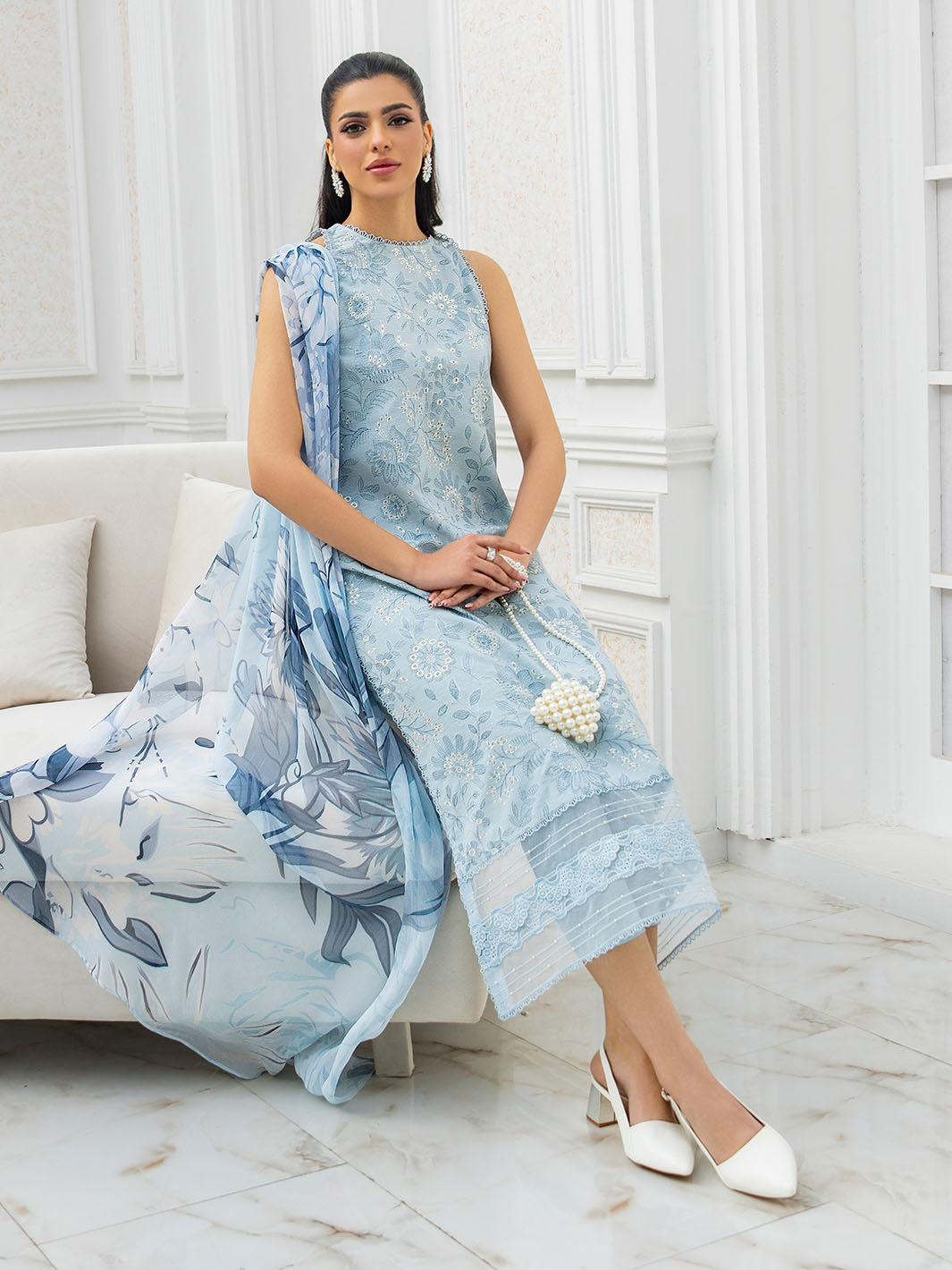  Elegant embroidered lawn shirt with chiffon printed dupatta and karandi trouser