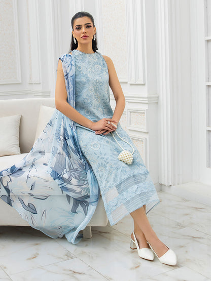  Elegant embroidered lawn shirt with chiffon printed dupatta and karandi trouser