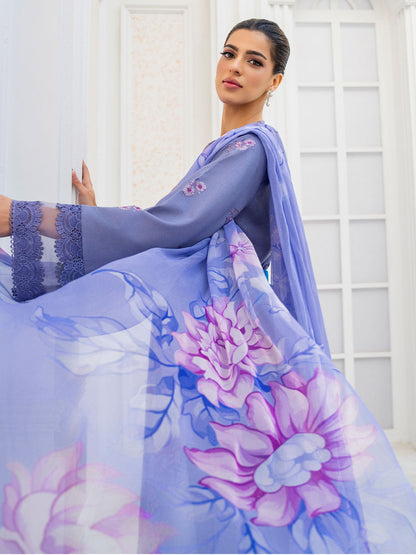 Elegant embroidered lawn shirt, chiffon dupatta, and karandi trouser unstitched