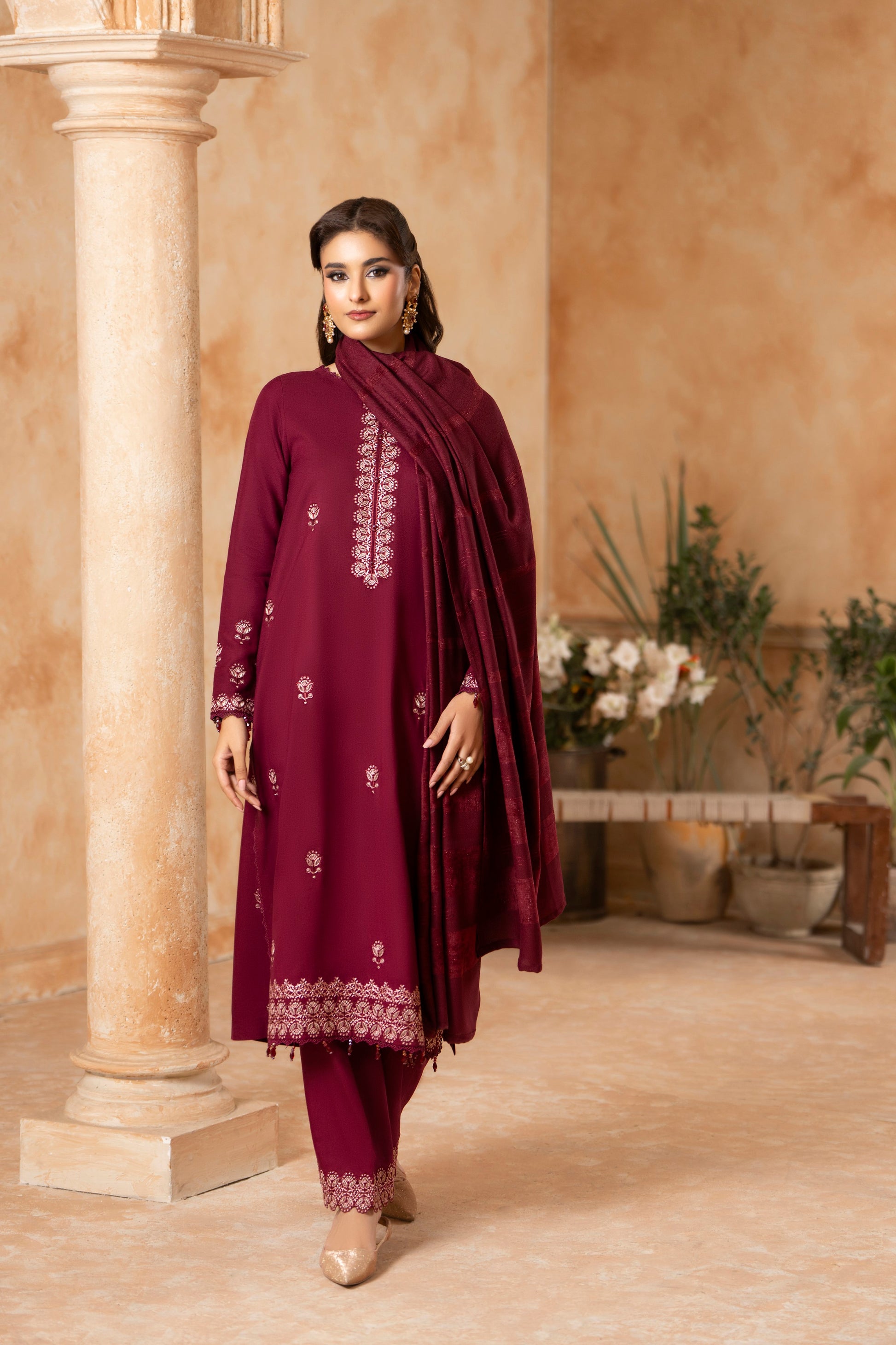 Elegant Woolen Trouser Suit; 3-PC Dhanak set with embroidered shirt and fancy shawl, balancing simplicity and grace