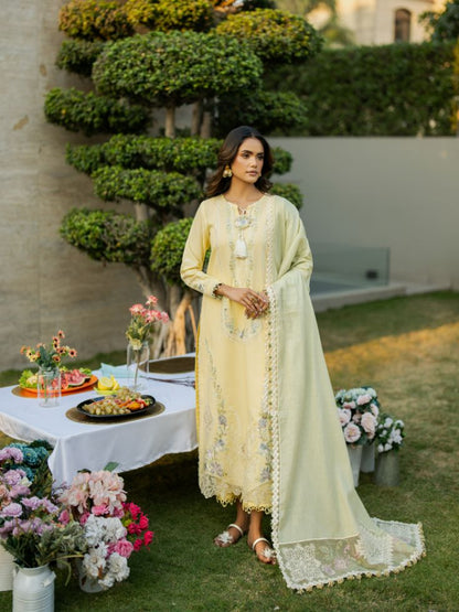 Elegant yellow lawn outfit featuring organza patch, motifs, and trendy cotton dupatta