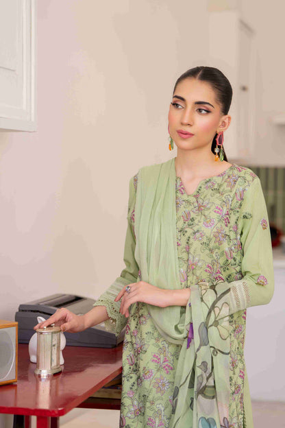 Premium embroidered lawn shirt three meters with chiffon dupatta and soft cotton trouser