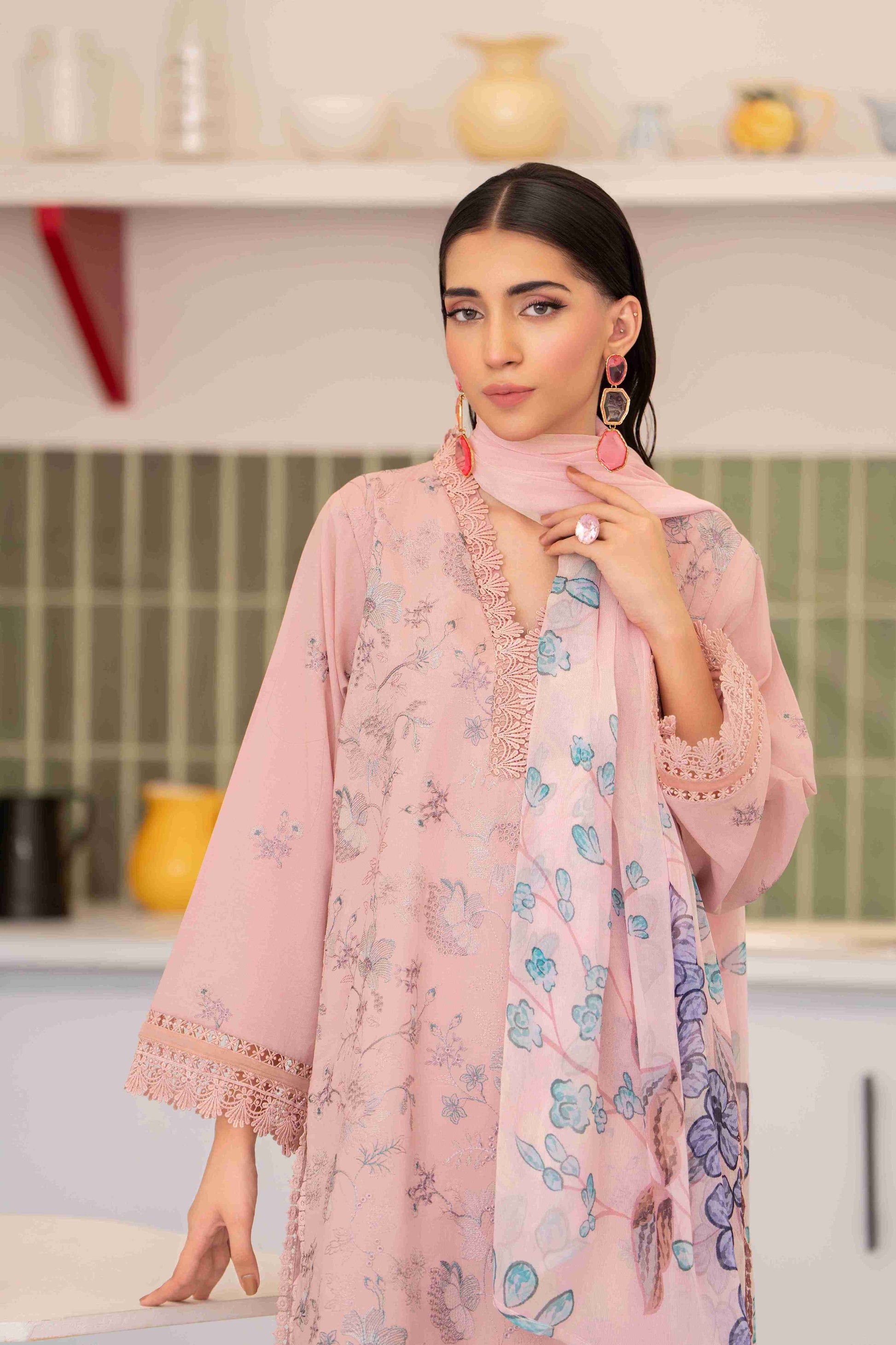 Premium embroidered lawn suit three meters shirt with chiffon dupatta and cotton trouser