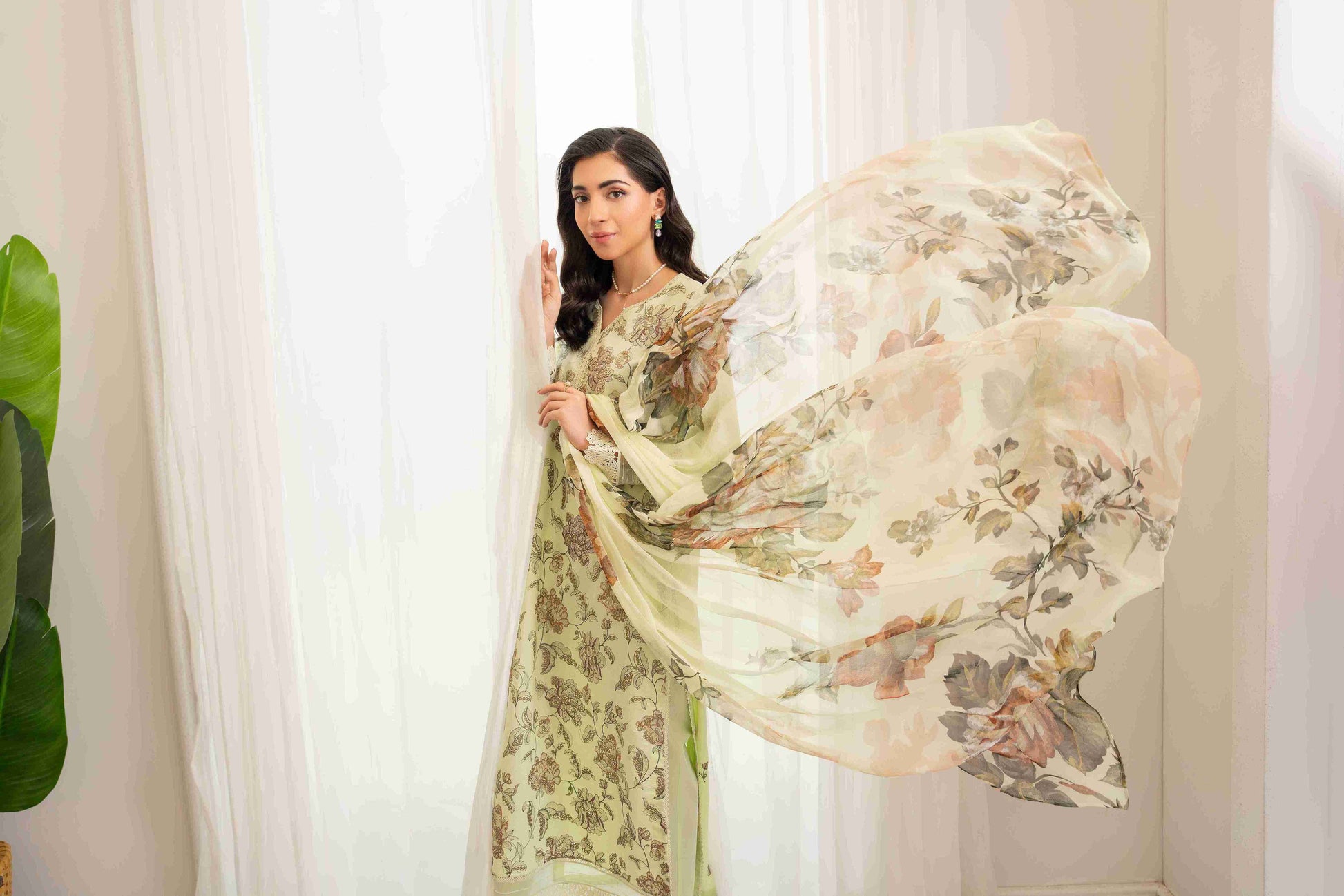 Breeze embroidered lawn shirt paired with chiffon dupatta and plain cotton trouser