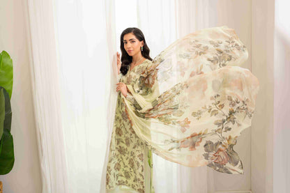 Breeze embroidered lawn shirt paired with chiffon dupatta and plain cotton trouser