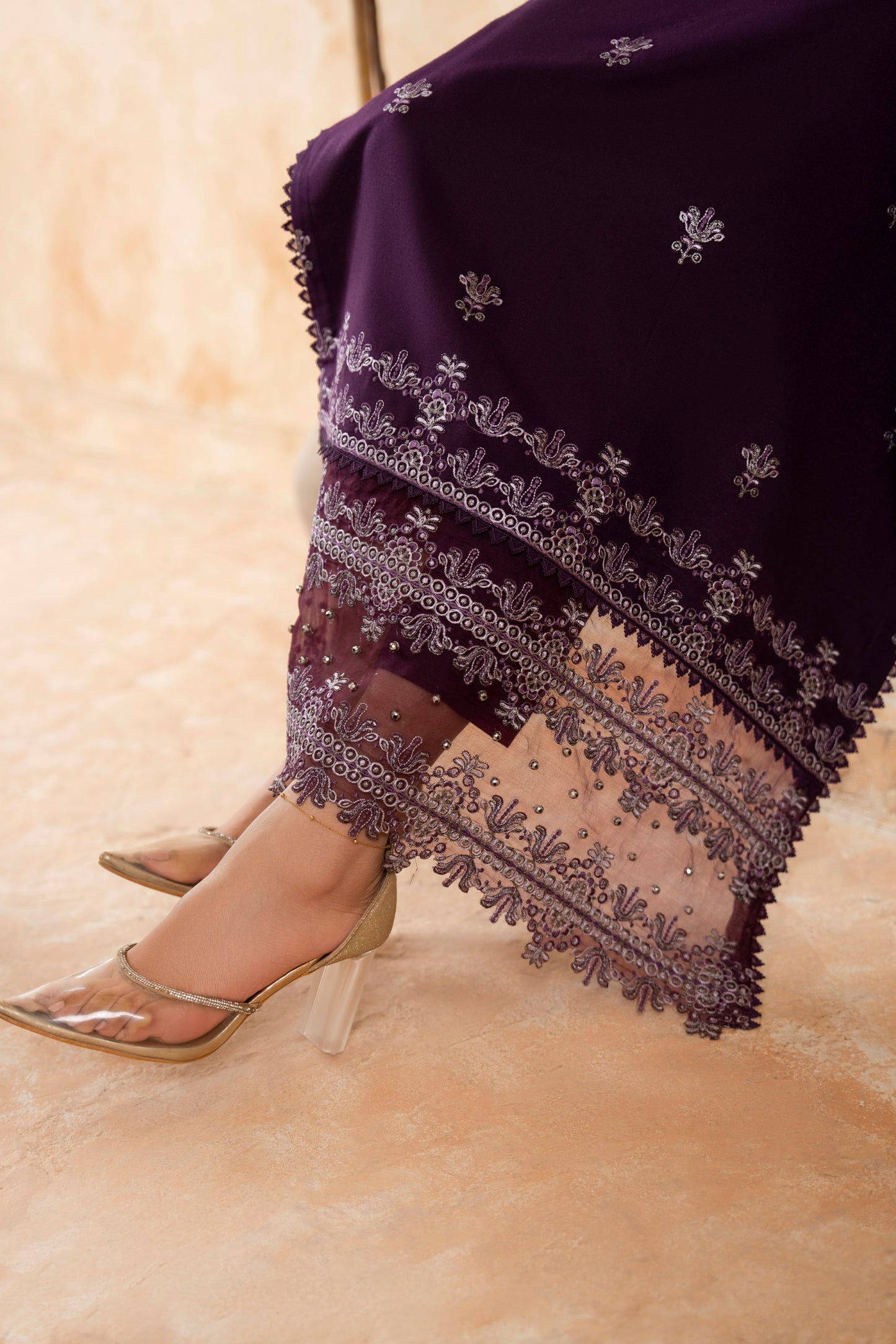 Embroidered 3-PC Wool Suit; Dhanak winter dress for women, offering warmth and a charming eastern wear finish