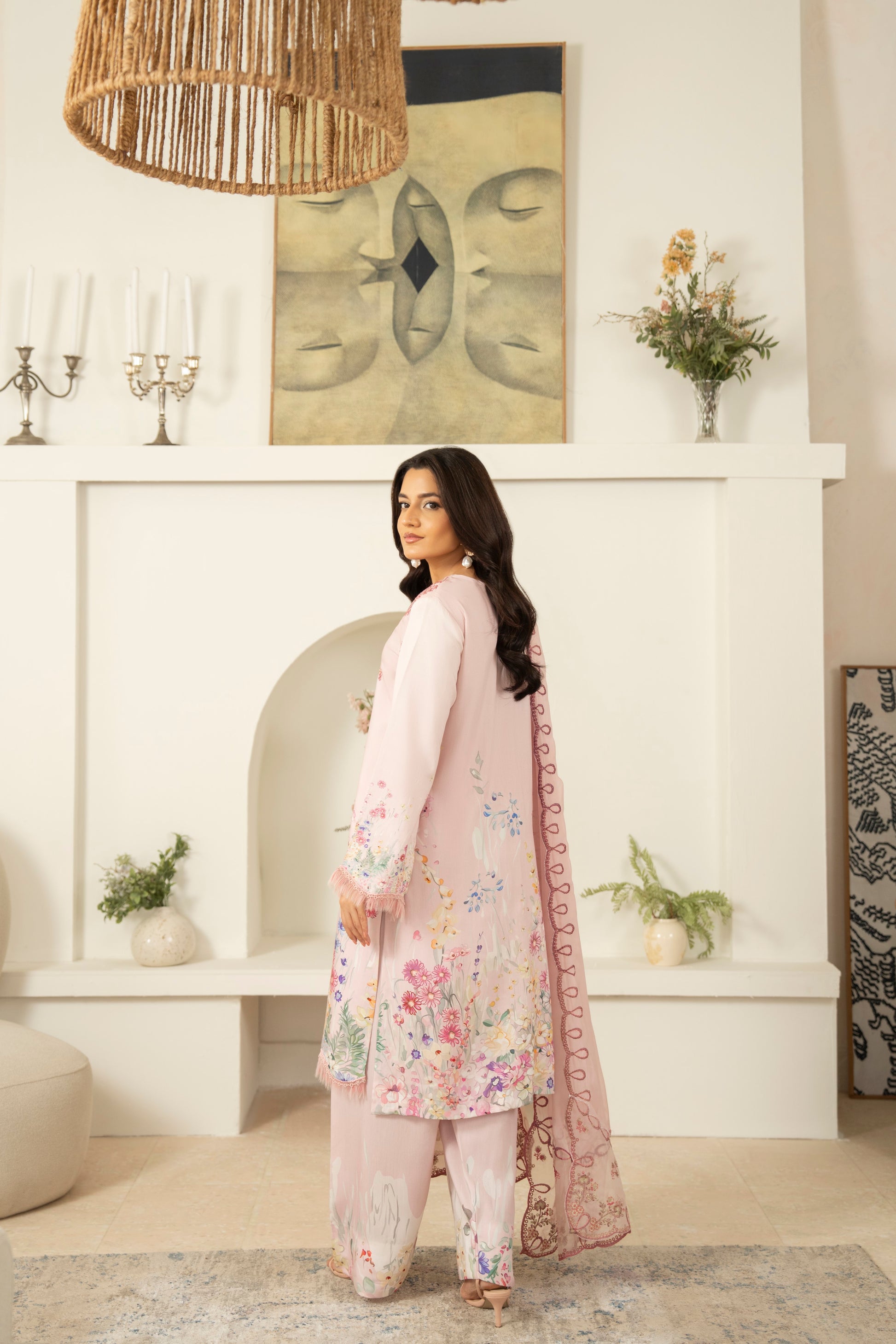 Printed viscose dress with embroidered neckline and chiffon dupatta