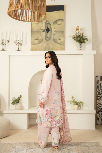 Printed viscose dress with embroidered neckline and chiffon dupatta