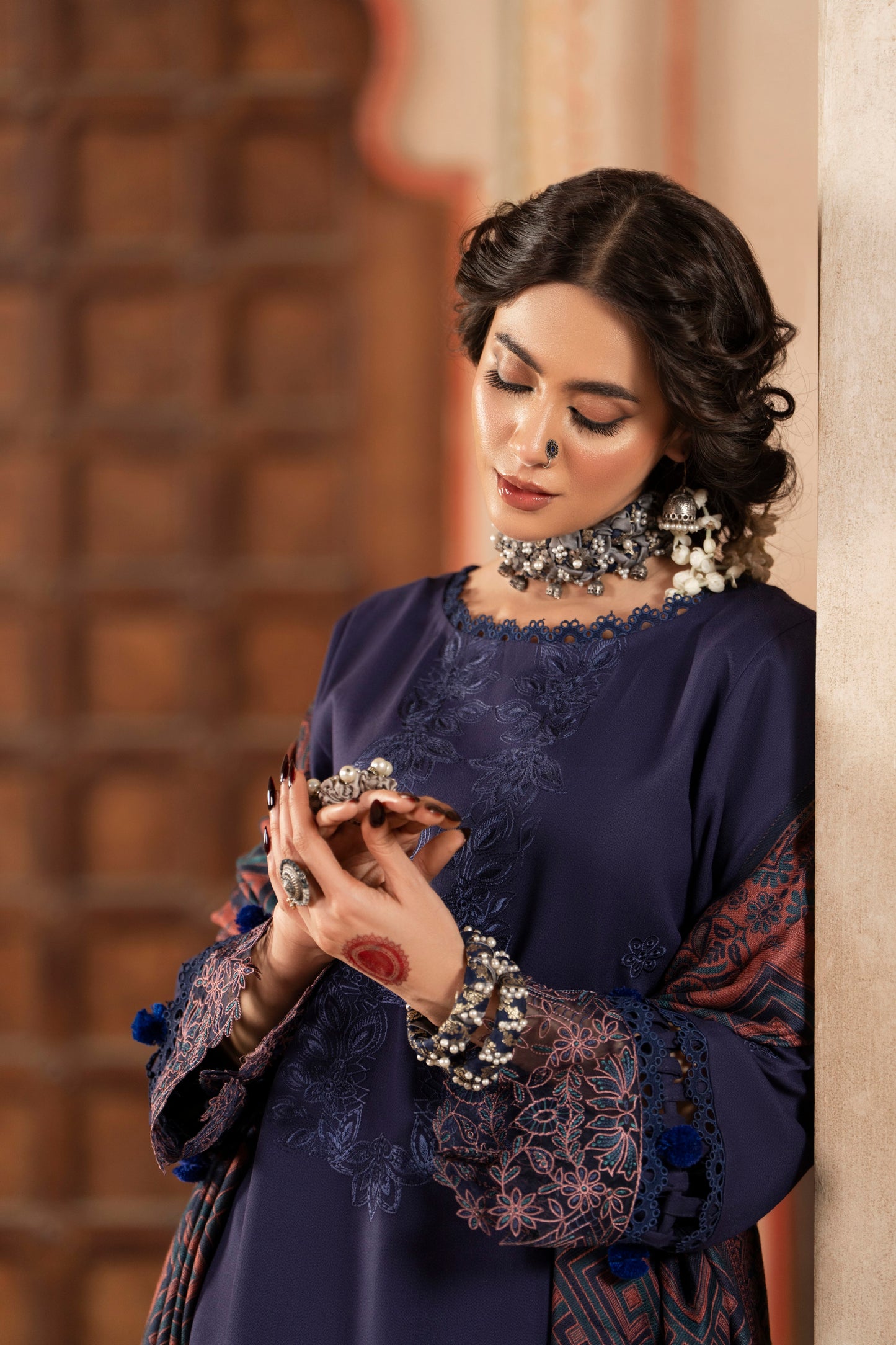 Luxury embroidered Dhanak shirt paired with a warm jacquard woolen shawl and plain Dhanak trouser for winter styling