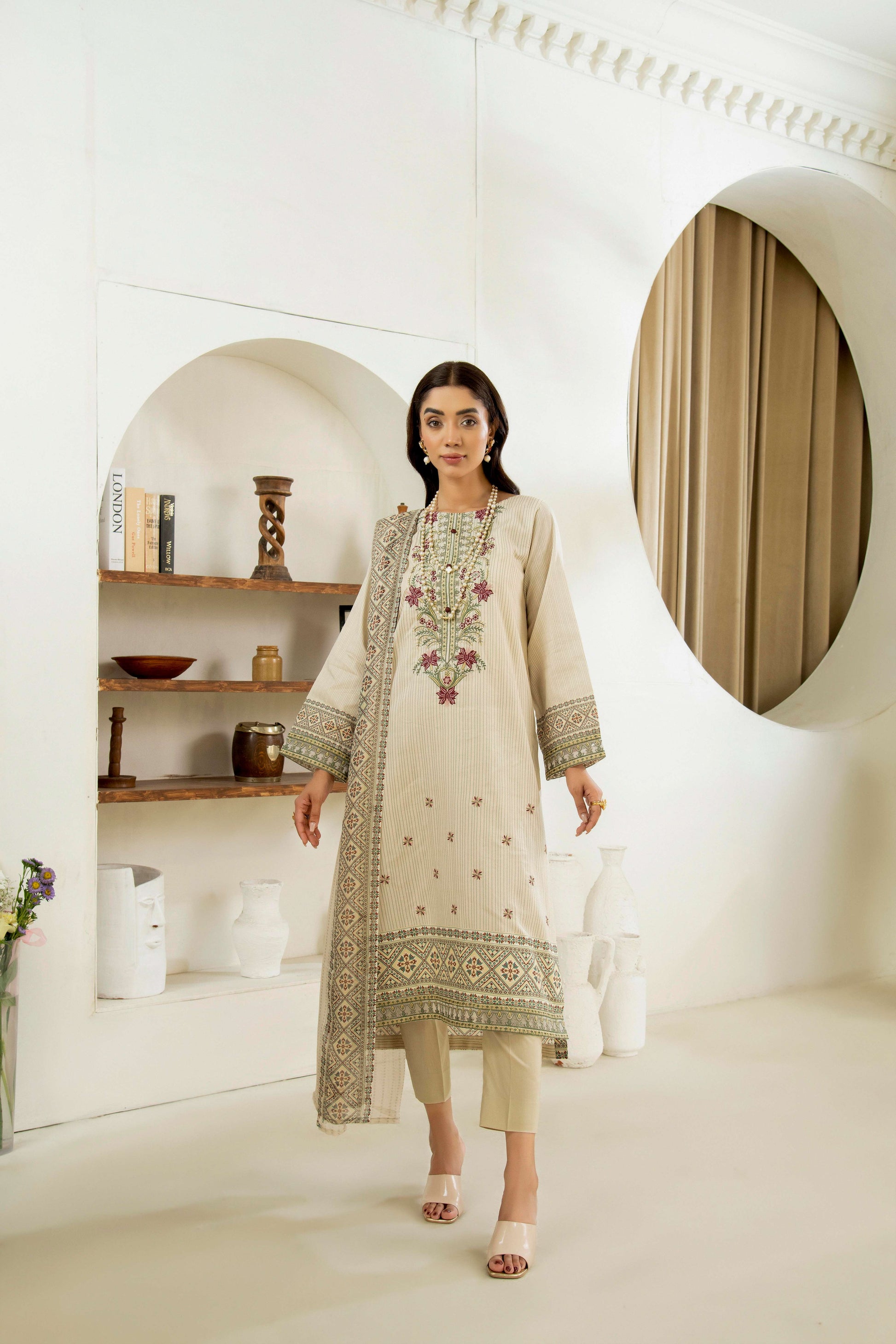 : Embroidered shirt with soft dupatta and trouser