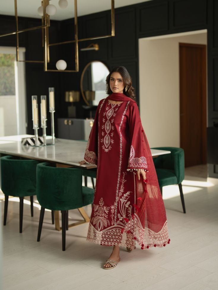 Embroidered outfit with shirt, plain trouser, and cotton dupatta