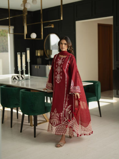 Embroidered outfit with shirt, plain trouser, and cotton dupatta