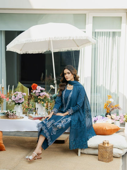 Embroidered 3 piece outfit with shirt, plain trouser, and cotton dupatta