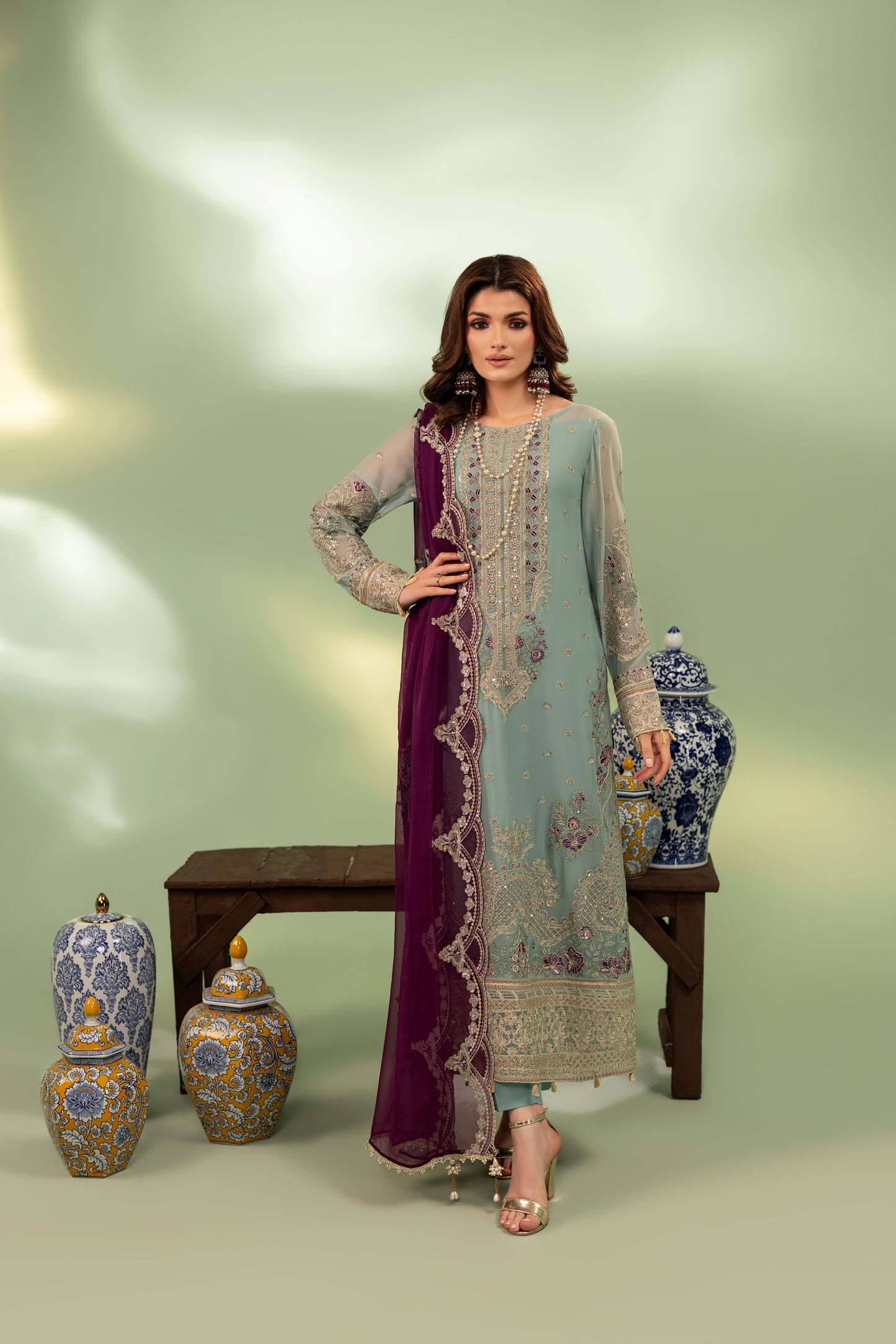 women’s embroidered chiffon winter dress with dupatta and raw silk inner