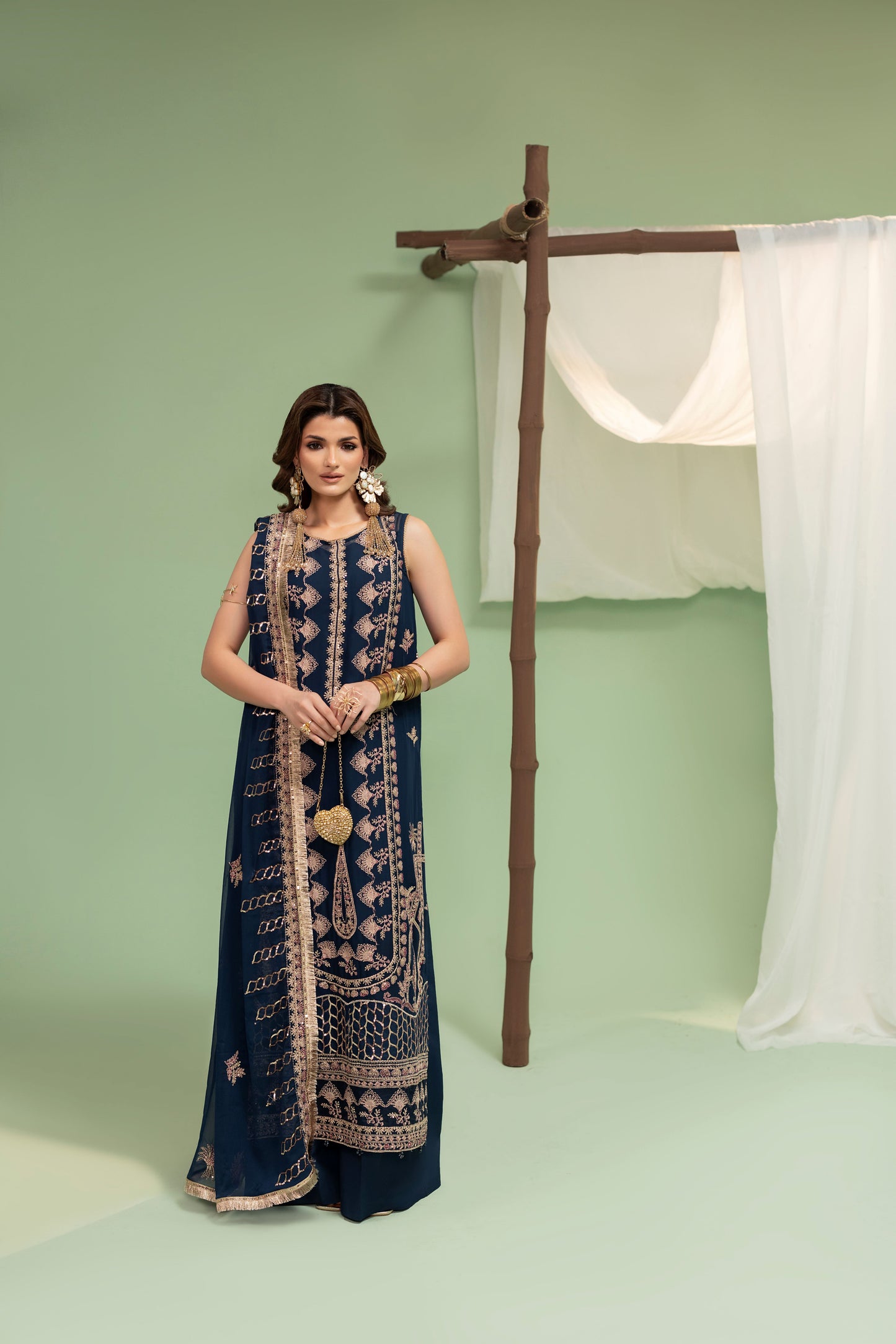 3PC chiffon embroidered suit with silk lining and winter elegance