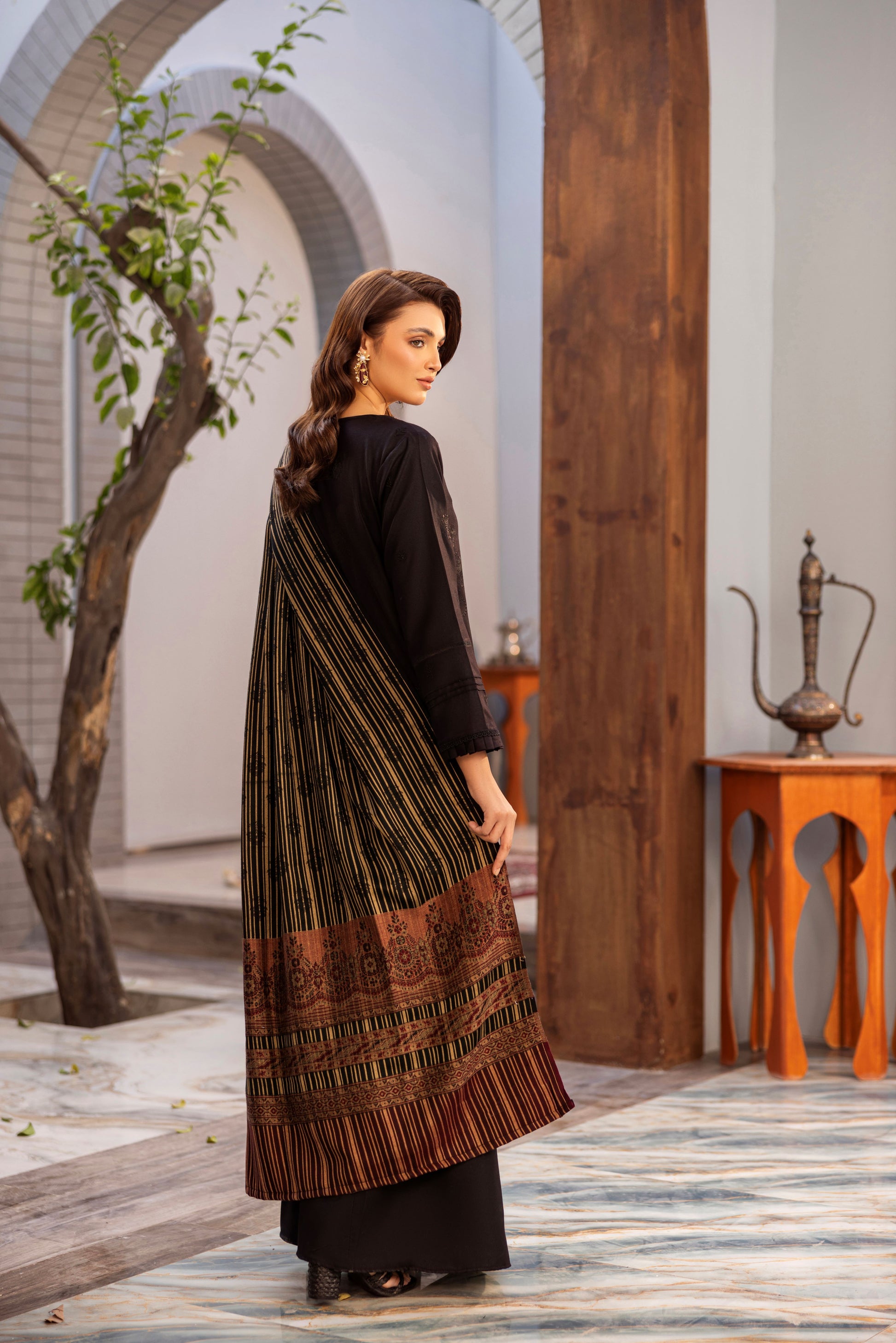 All over embroidery on Dhanak shirt with woollen shawl