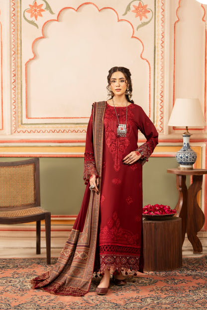 Unstitched 3PC Dhanak suit featuring detailed embroidery, jacquard woolen shawl, and plain trouser-perfect for winter elegance.