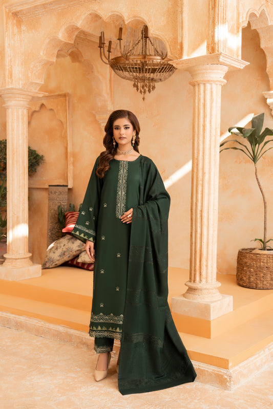 Embroidered Dhanak Trouser Set; 3-PC woolen suit with a plain trouser and fancy shawl for a sophisticated winter look