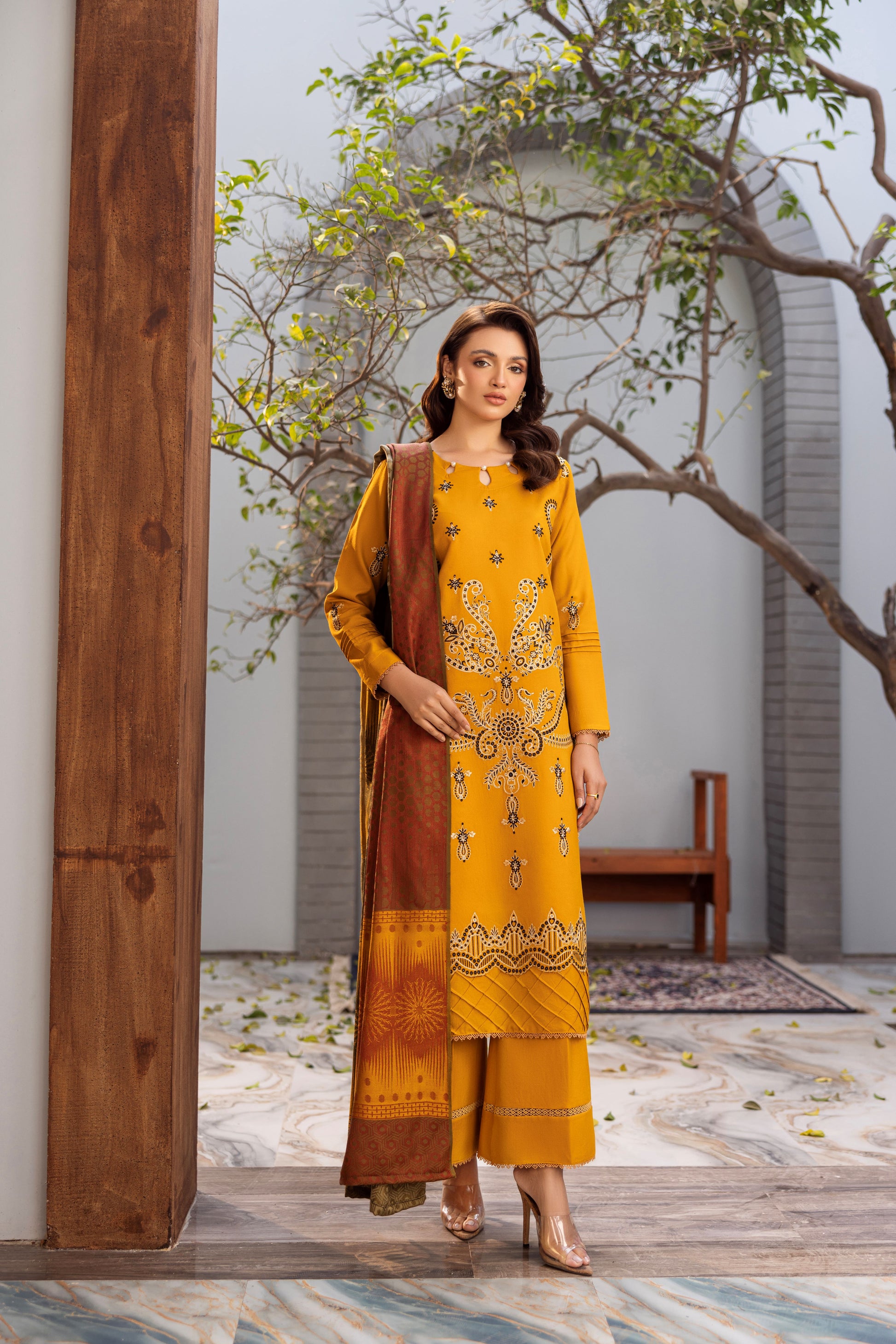 Embroidered Dhanak suit with organza daman patch and Jacquard wool shawl