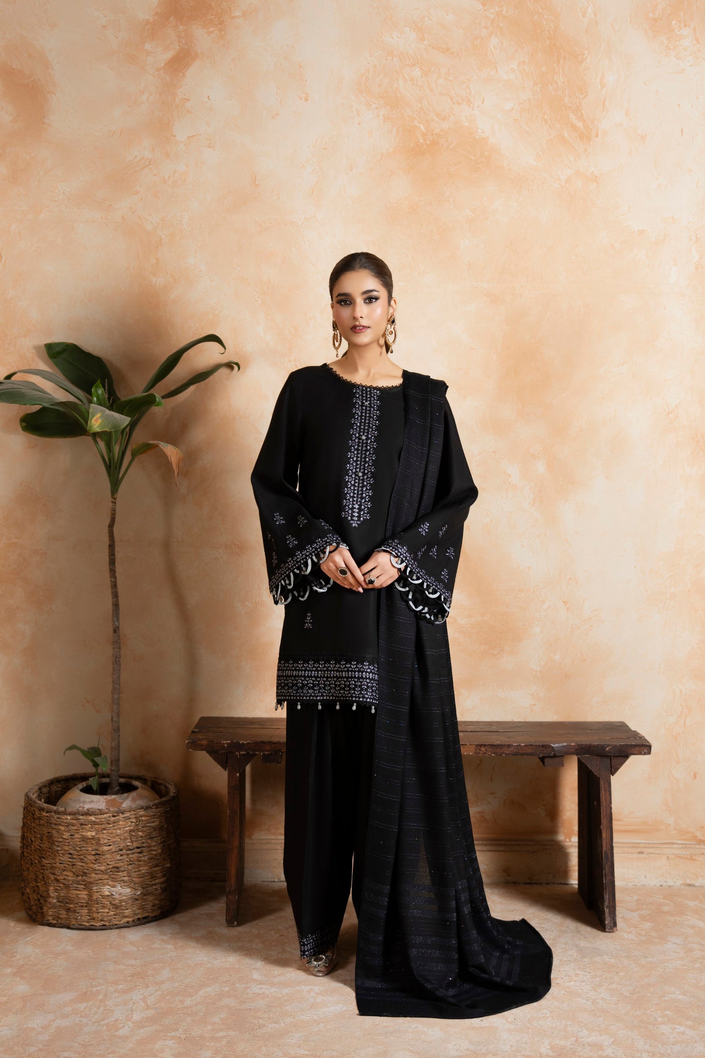 Embroidered Dhanak Woolen Winter 3-PC Dress for women; classic tradition meets modern style, ideal for formal events