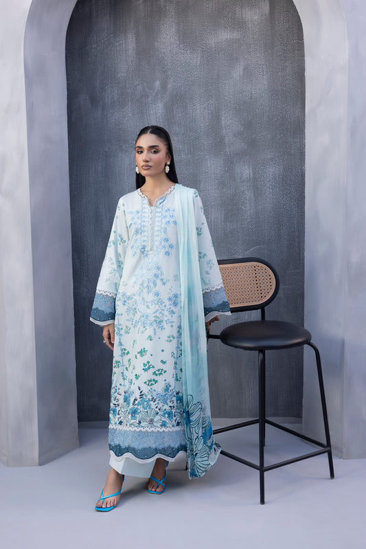 Elegant embroidered Karandi 3PC outfit with chiffon dupatta and plain trouser, perfect for winter parties and formal events