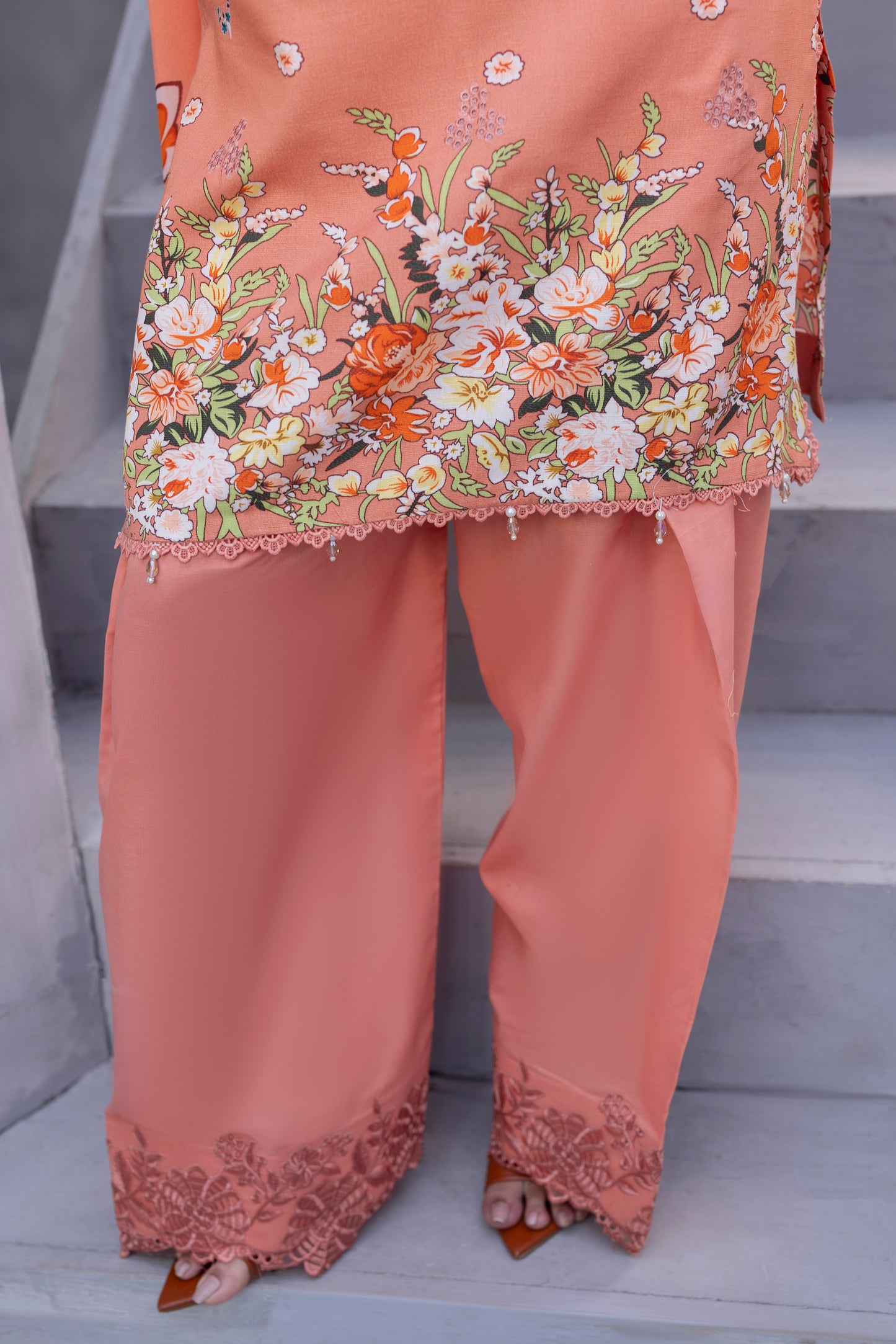 Classy embroidered Karandi outfit with chiffon dupatta