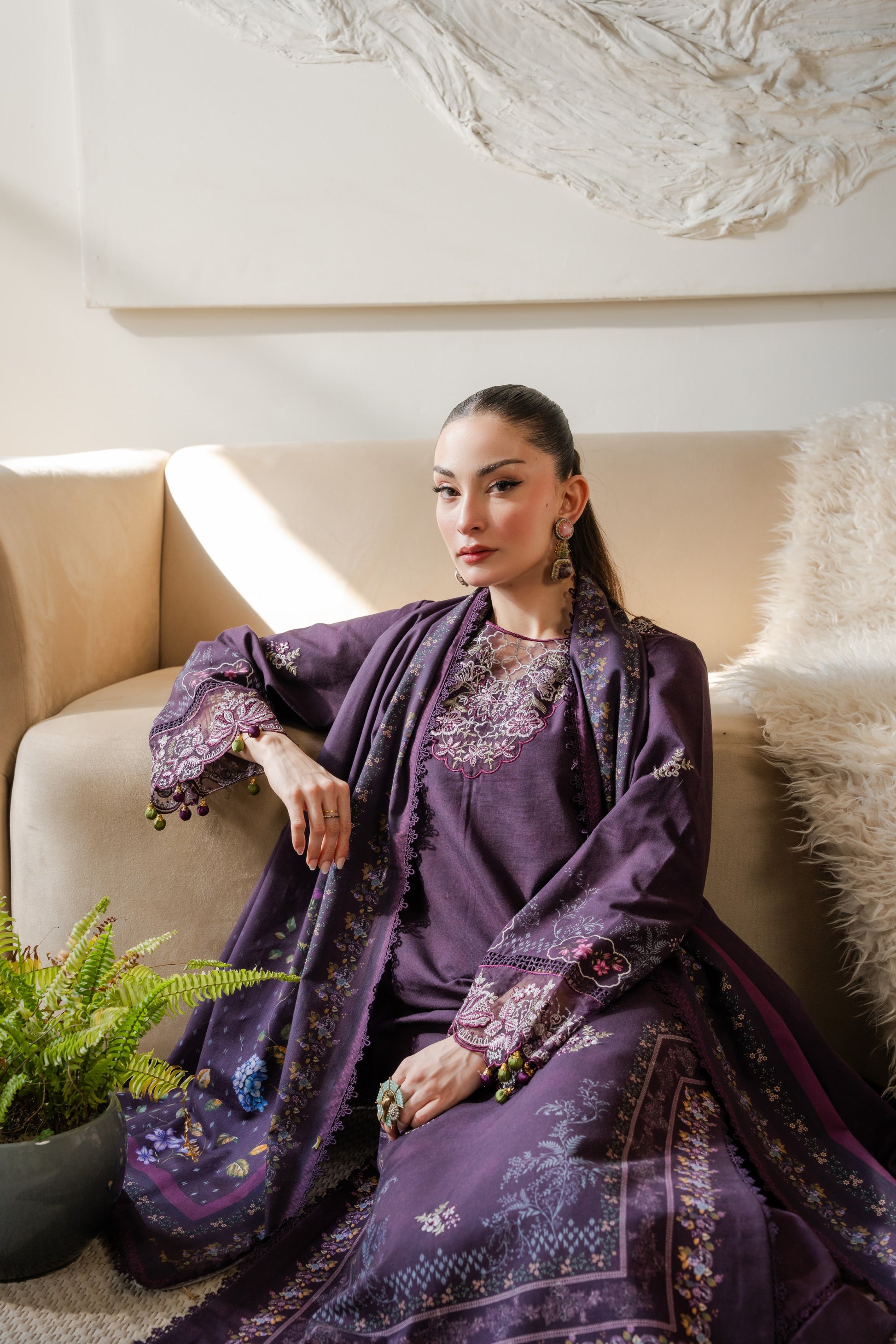 Warm winter outfit featuring detailed organza neckline embroidery.