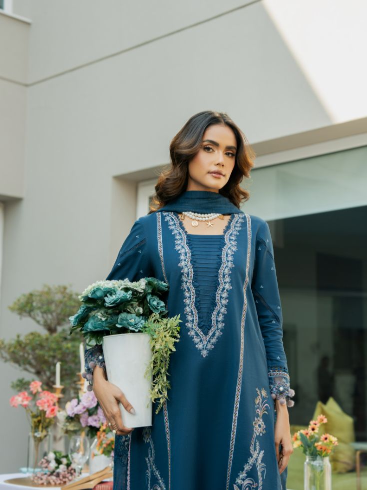 Lawn embroidered shirt with motifs, patch, and cotton dupatta