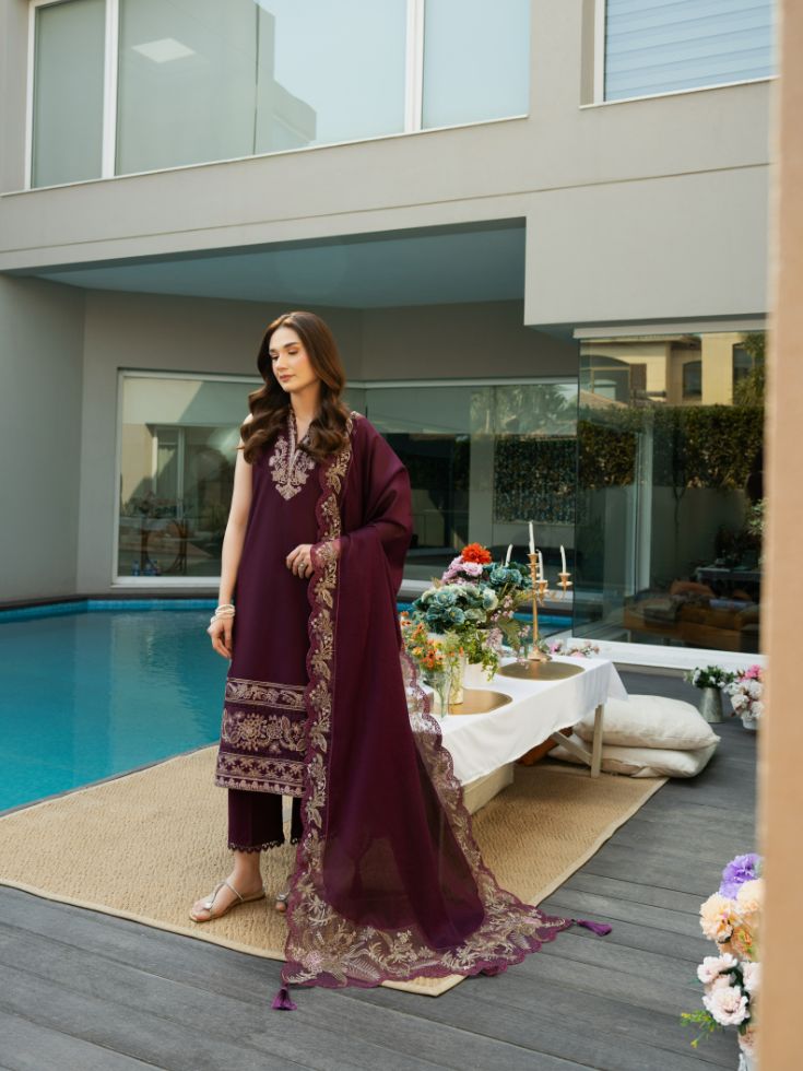 Embroidered dress outfit with motifs, organza patch, and cotton dupatta