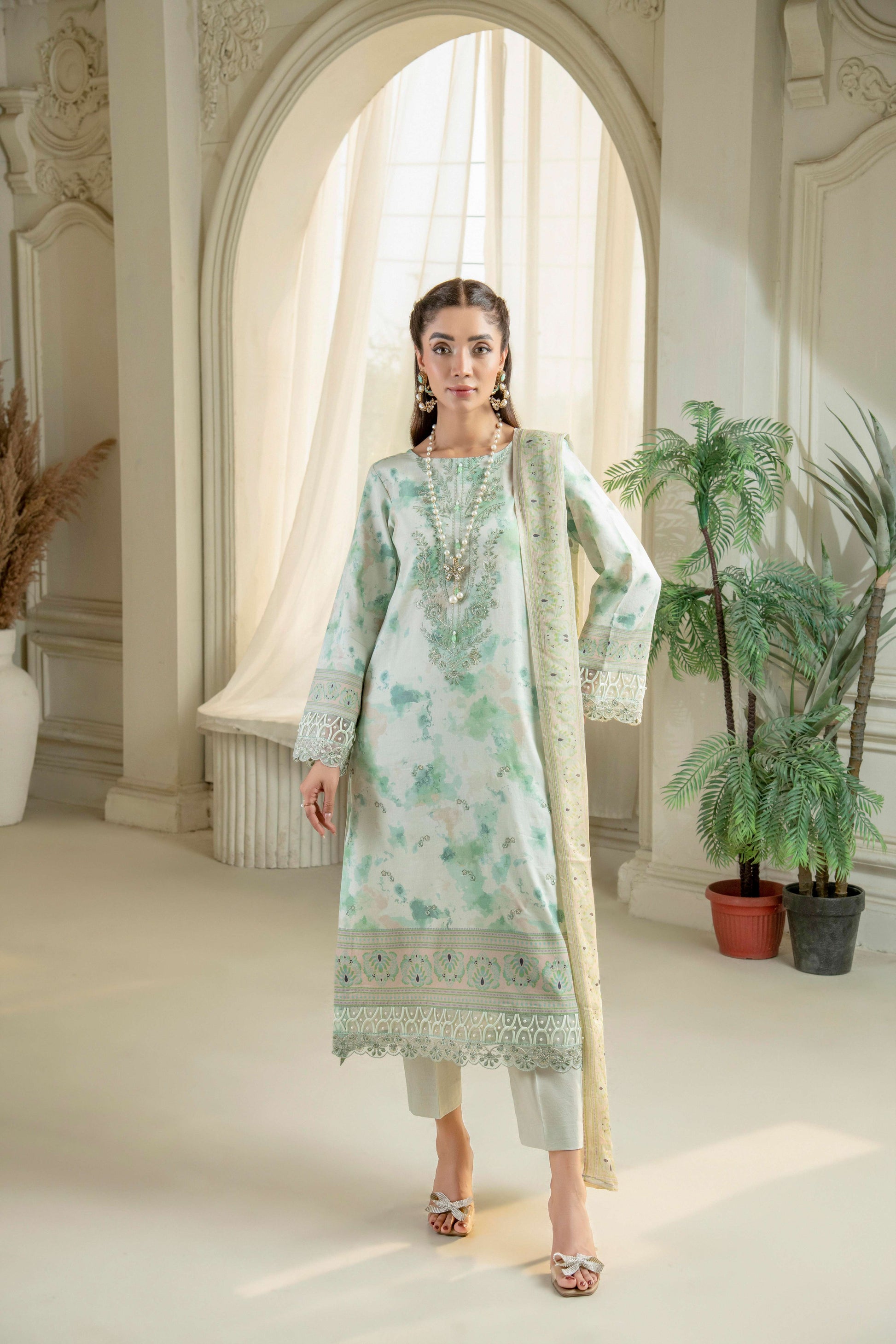 Embroidered lawn shirt with light dupatta and trouser
