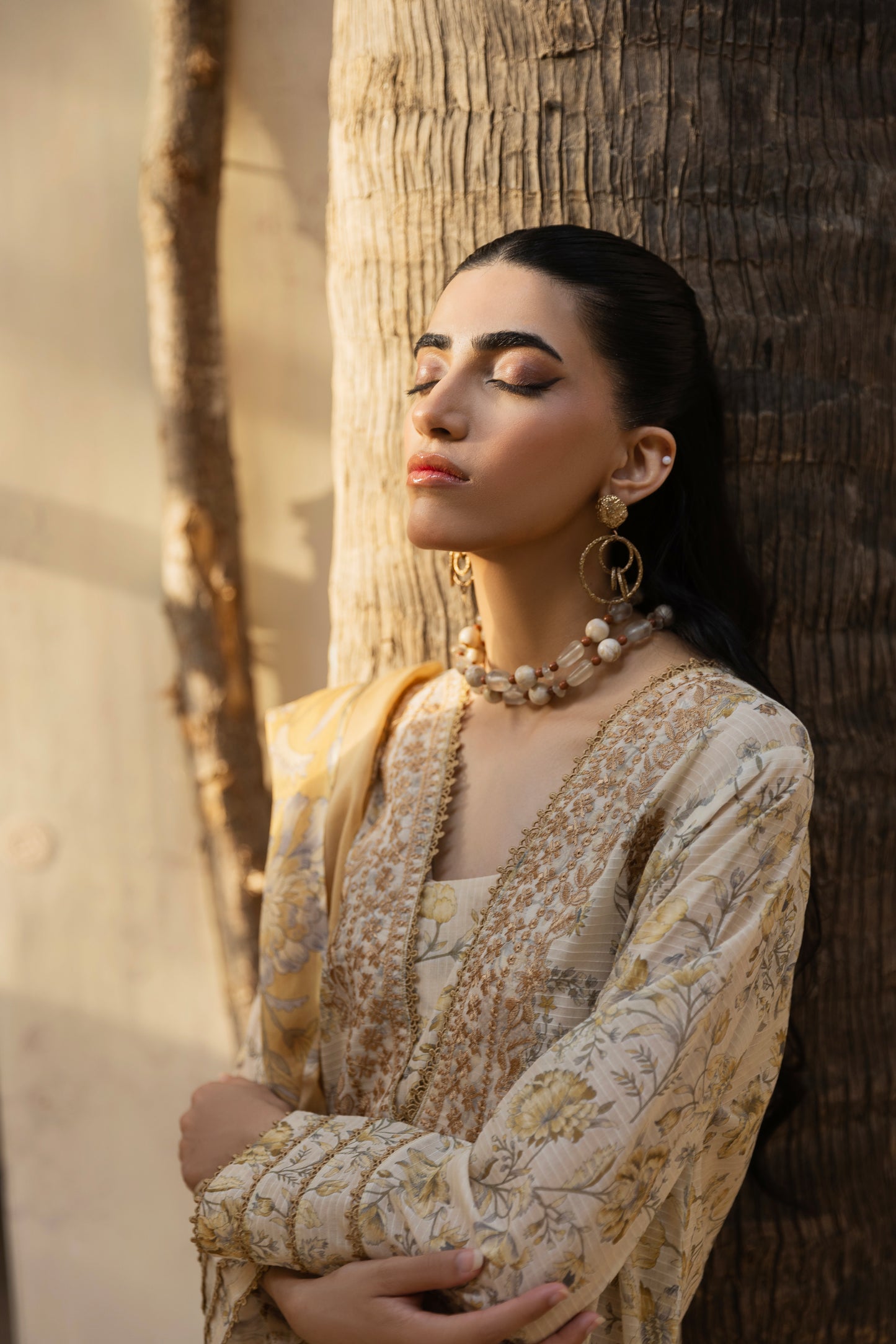 Self-check embroidered lawn shirt, chiffon dupatta, and cotton trouser for formal eastern wear