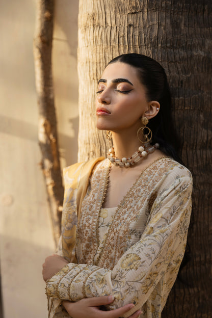 Self-check embroidered lawn shirt, chiffon dupatta, and cotton trouser for formal eastern wear
