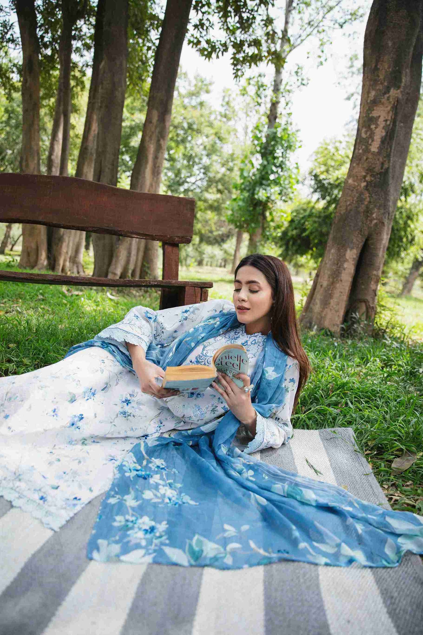 Elegant embroidered lawn outfit with chiffon dupatta and cotton trouser