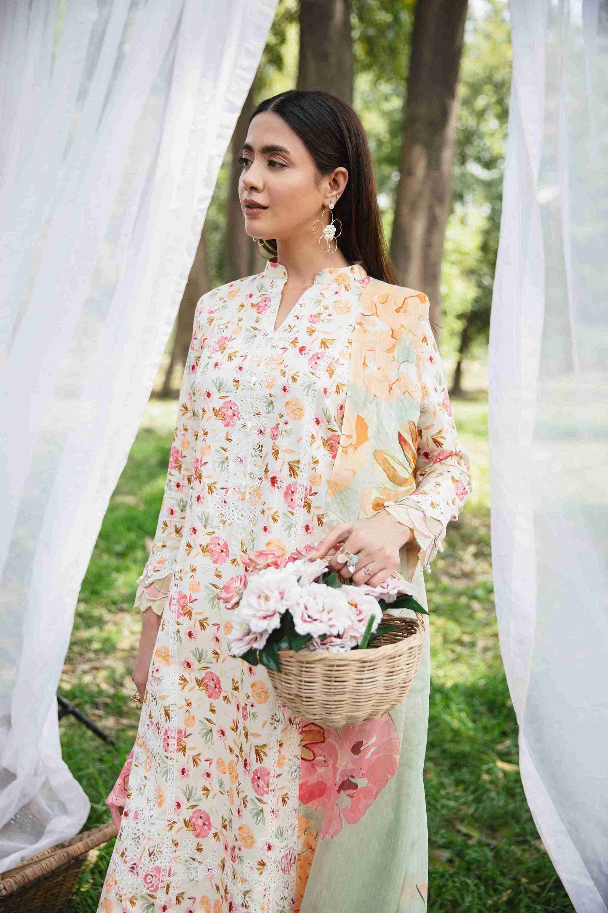 Elegant embroidered lawn suit with chiffon dupatta and plain dyed trouser