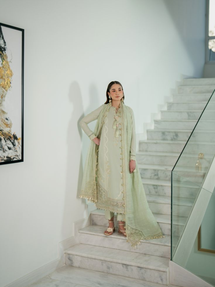 Embroidered outfit with organza patch, motifs, and cotton dupatta
