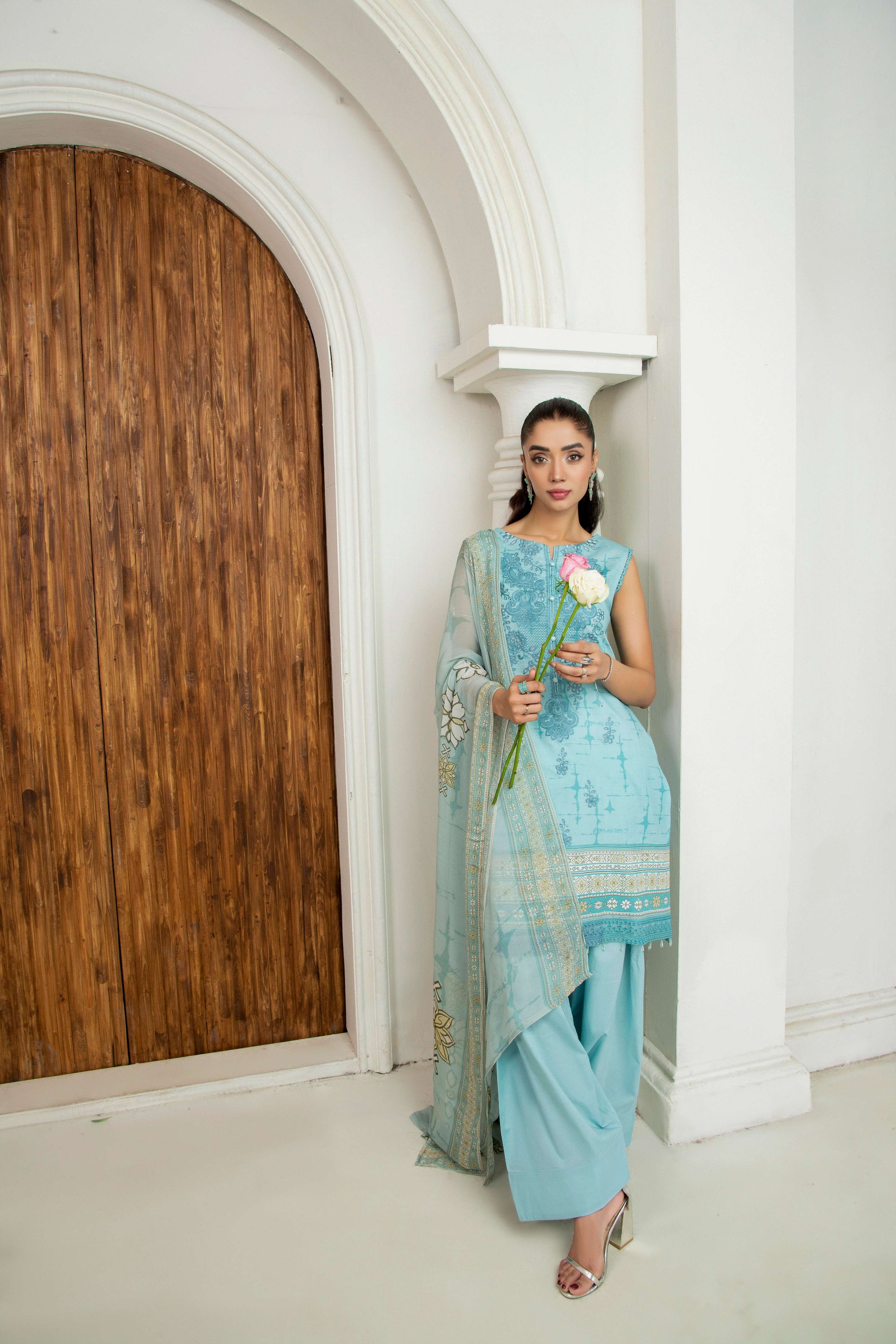 Embroidered three-piece stitched outfit