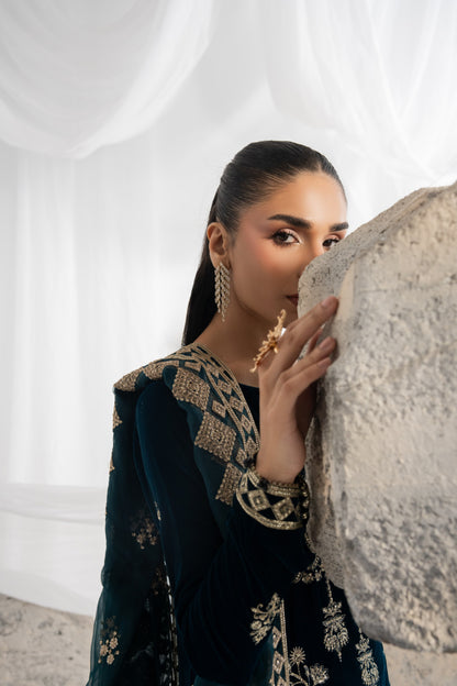 Embroidered long kurta for girls featuring traditional embroidery across the velvet shirt front and back, detailed velvet sleeves and borders, with an embroidered organza dupatta and plain raw silk pants