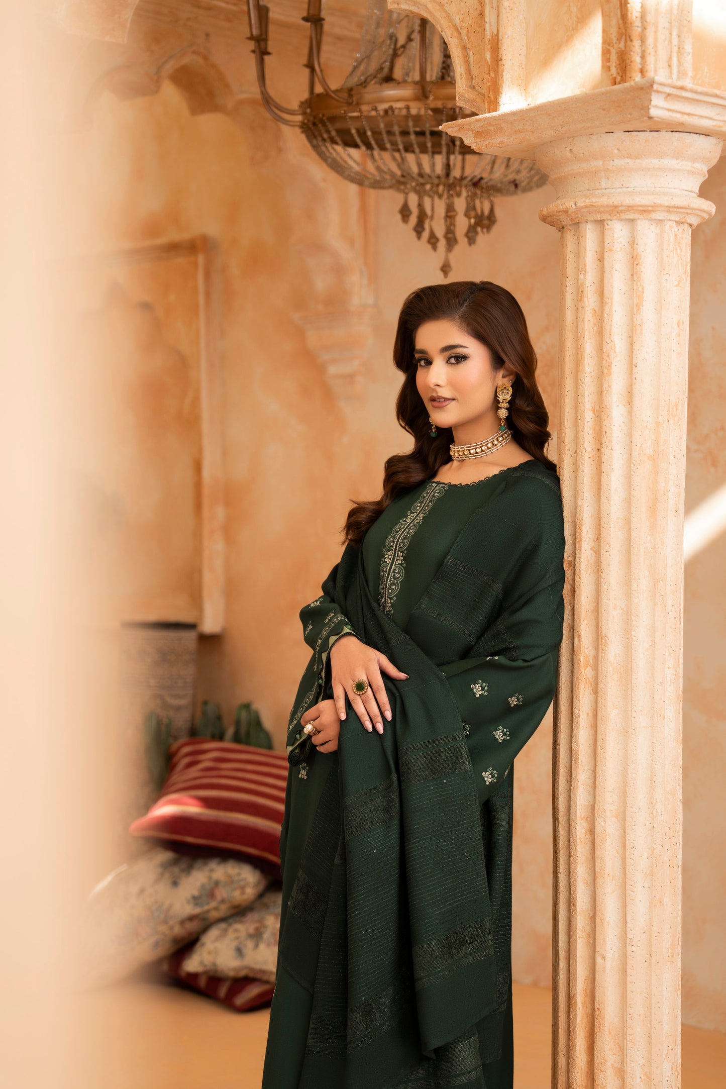 Embroidered Modern Suit; Dhanak 3-PC woolen dress, inspired by floral designs and Pakistani wedding fashion