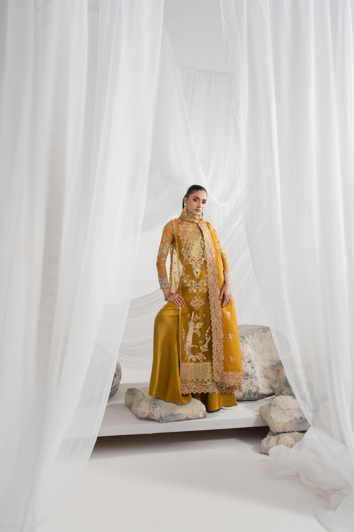 Embroidered organza suit for women featuring beautifully detailed front panels, an embroidered back, decorated sleeves and matching borders, with an embroidered organza dupatta, plain raw silk inner, and pants