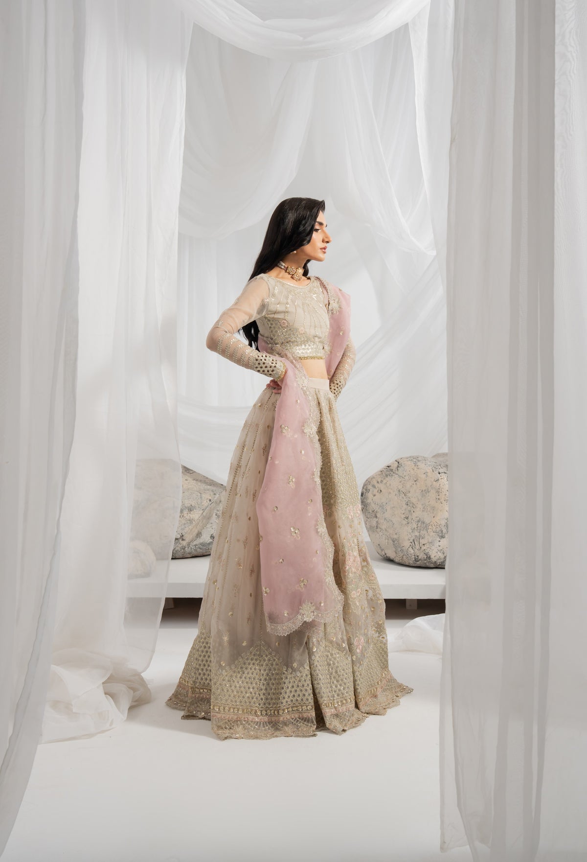 Pakistani wedding lehenga featuring rich embroidery on the organza front, back, sleeves, and lehenga panels, finished with matching borders, an embroidered organza dupatta with pallu detailing, and a plain raw silk inner