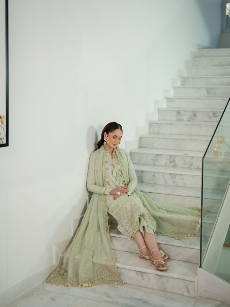 Embroidered lawn shirt paired with soft cotton dupatta and plain dyed trouser